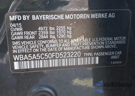 2015 BMW 528I z USA, uszkodzony, nr VIN WBA5A5C50FD523220